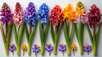 Obraz premium A row of colorful flowers aligns next to a row of green stems on a white surface