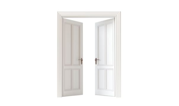 Open white double door on transparent background.