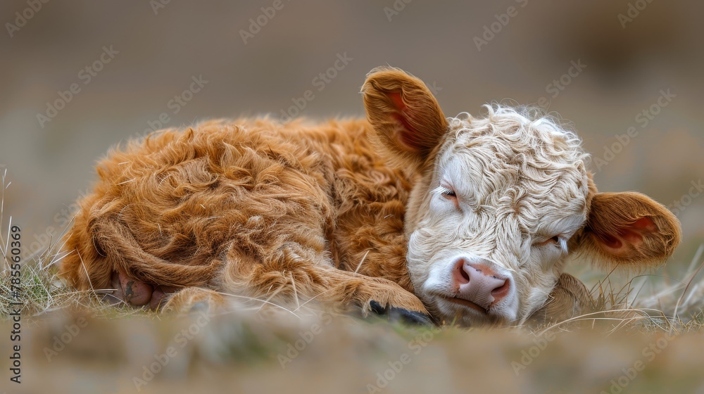 Sticker   A brown-and-white cow rests atop the grassy field, its head reclining on the companion cow behind