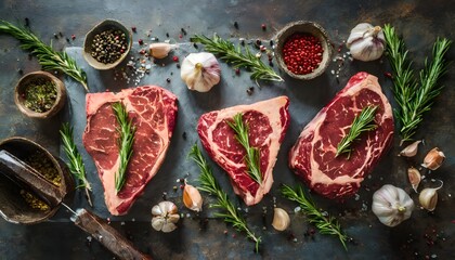 Different types of raw marbled beef steaks 