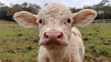 Obraz premium A tight shot of a cow grazing in a lush grass field, dotted with trees, and a cloud-speckled sky overhead