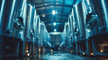 Modern winery engineers monitor led lit stainless tanks for innovative wine production