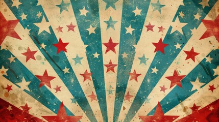 A captivating retro-styled image showcasing a burst of American flag colors and stars, evoking a sense of patriotism and nostalgia