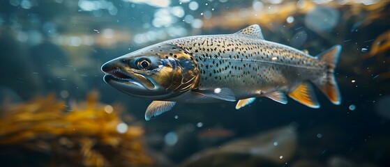 Fototapeta premium Twilight Leap: A Salmon's Migration Sonata. Concept Nature Documentary, Aquatic Wildlife, Ecosystem Conservation, Salmon Migration, Environmental Protection