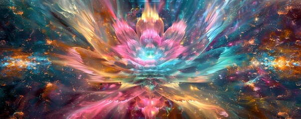 A mesmerizing digital artwork depicting radiant lotus flower blooming amidst vibrant cosmic nebula.The ethereal colors intricate patterns evoke sense spiritual awakening connection fifth dimension - obrazy, fototapety, plakaty