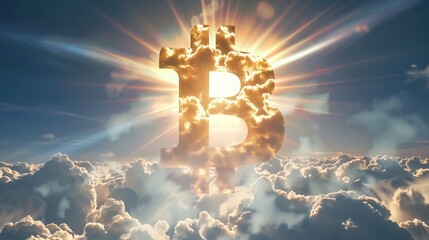 The image shows a bright shining Bitcoin logo in the sky. - obrazy, fototapety, plakaty