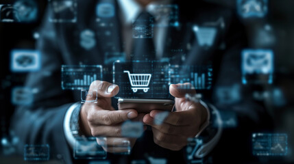 Fototapeta premium Digital wallet icon.Businessman shopping online with digital currency wallet. Mobile banking, online finance, e-commerce. Dollar, euro, yen, yuan and pound icons.