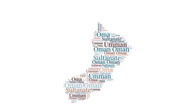 Oman shape words animation. Oman boundary filled with country names animated. Country opening, intro, presentation video.