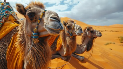  A collection of camels in the desert, framed by a backdrop of sky with clouds scattering above - obrazy, fototapety, plakaty