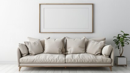 interior design of modern living room with beige fabric sofa and cushions. White wall with frame and space for text, living, furniture