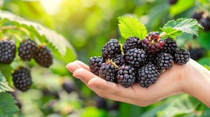 Hand holding ripe blackberries, selective focus with blurred background and space for text placement