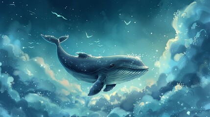 A joyful whale in soft, babyblue pajamas leaping among fluffy clouds, eyes sparkling with delight, handdrawn watercolor style