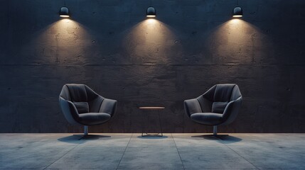 A minimalist podcast interview room featuring two sleek chairs under sophisticated spotlights, dark background, wide banner