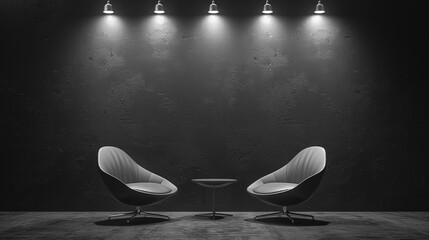 A minimalist podcast interview room featuring two sleek chairs under sophisticated spotlights, dark background, wide banner