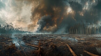 A panoramic view of a barren land, previously lush forest now filled with stumps and logged wood under a smoky sky