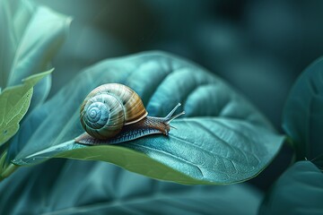 A minimalist, Zenlike representation of a snail on a leaf, focusing on the harmony between movement and stillness