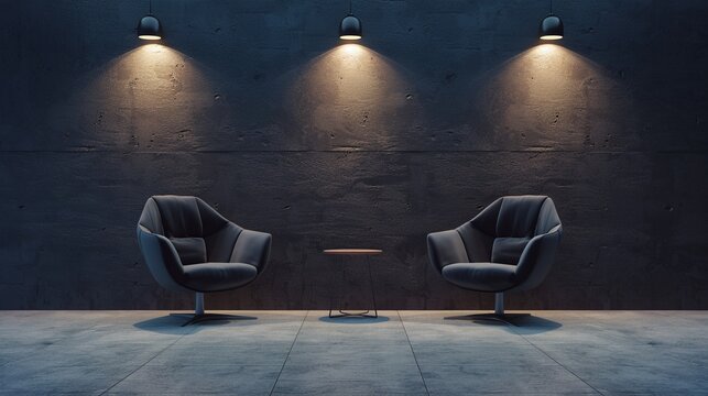 A minimalist podcast interview room featuring two sleek chairs under sophisticated spotlights, dark background, wide banner