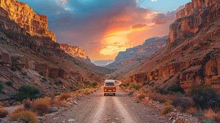A small van navigating through a rugged canyon, the sky ablaze with the colors of the setting sun, conveying freedom and the spirit of road trips