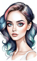 Watercolor beauty woman. Painting fashion illustration. Hand drawn portrait of pretty girl on white background