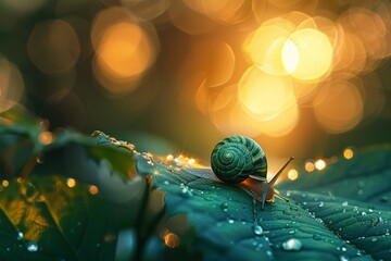 A snails silhouette against the verdant green of a leaf, the scene bathed in the golden light of dawn, showcasing tranquility