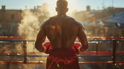 A boxers clenched fist, viewed from behind, as he stands ready before the boxing ring, determination in the air