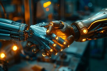 A cinematic style image showing a dramatic moment of a human and a robot handshaking, with dynamic lighting highlighting the advanced robotics and lab environment