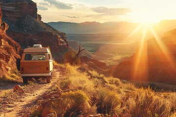 A compact travel van driving along a canyon trail, the setting sun illuminating the path ahead, symbolizing exploration and freedom
