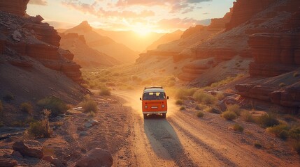 A colorful van meandering a dusty path in a canyon with the sunset in the background, reflecting themes of adventure and the open road