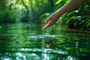 A delicate hand gently touching the sparkling, pure green surface of a river, surrounded by lush greenery on a bright sunny day, symbolizing the conservation of natural resources