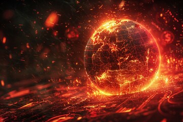 A detailed digital painting showing a shattered Earth with cracks glowing red, symbolic of global warming, surrounded by symbols of finance like currency symbols and stock graphs - obrazy, fototapety, plakaty