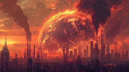 A dramatic illustration of a globe engulfed in flames, skyscrapers and industrial chimneys emitting smoke in the background