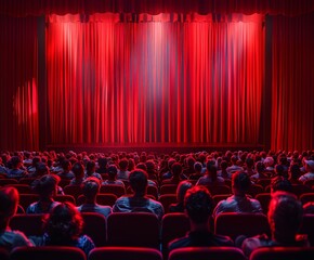 Theater with red curtains and audience seated