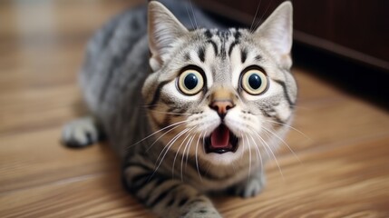 Naklejka na ściany i meble surprised cat make big eyes. American shorthair surprised cat or kitten funny face big eyes, cute, domestic, kitten, feline, Emotional surprised, kitty, wow