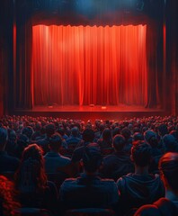 Fototapeta na wymiar A theater with a red curtain and a stage full of people