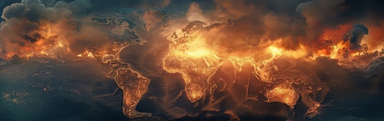 A global map depicting combat zones with military objectives where bombs, fires, and explosions take place - obrazy, fototapety, plakaty