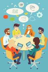 Teamwork brainstorming meeting, business people collaborating on project planning, sharing creative ideas for process improvement, flat vector illustration concept for web banner or header design