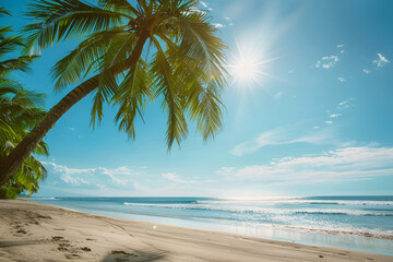 Sunny coast in Bali. Palm trees, sea, sand. Landscape view from the shore