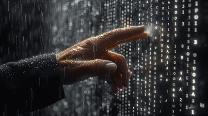 Hand pointing to binary code. Business development for success and growth concept. Business structure of the global network. Data analysis and exchange. Black and white background. - obrazy, fototapety, plakaty