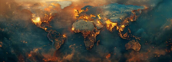 Obraz premium A global map depicting combat zones with military objectives where bombs, fires, and explosions take place