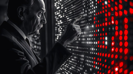 Older man pointing at binary code. Business development for success and growth concept. Business structure of the global network. Black and white background. - obrazy, fototapety, plakaty