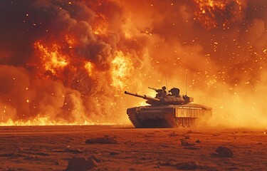 A war invasion sees an armoured vehicle traverse a minefield. spectacular fire scene with some desert terrain - obrazy, fototapety, plakaty