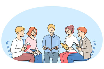 Happy diverse people sit in circle reading book together. Smiling group read and discuss bible at meeting. Hobby and leisure. Vector illustration.