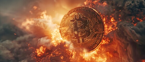 A cinematic effect with Bitcoin falling into a raging inferno and dramatic shadows. - obrazy, fototapety, plakaty