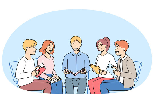 Happy diverse people sit in circle reading book together. Smiling group read and discuss bible at meeting. Hobby and leisure. Vector illustration.