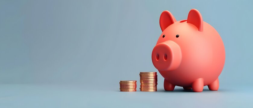 piggy bank pink on minimalist blue pastel background, golden coin stack, copy space finance bank concept, save money business strategy