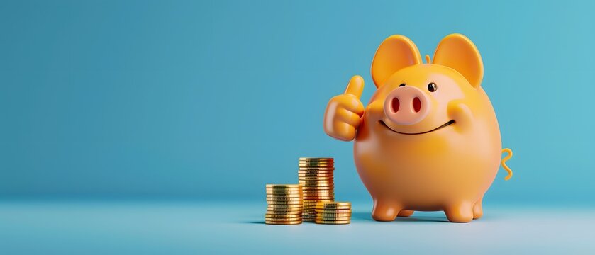 funny piggy bank orange on minimalist blue pastel background, golden coin stack thumbs up, copy space finance bank concept, save money business strategy