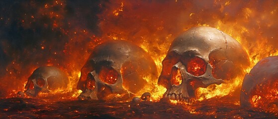 skulls on fire in hell - obrazy, fototapety, plakaty