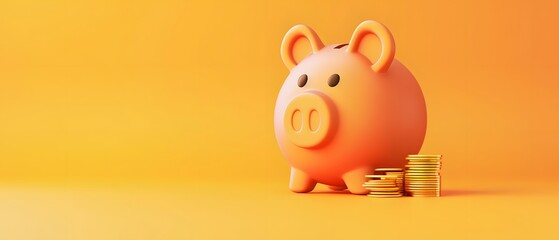 piggy bank on minimalist orange pastel background, copy space finance bank concept, save money business strategy