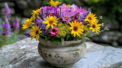   A vase brimming with numerous flowers sits atop a stone bench, adjacent to a field of vibrant purple and yellow blooms
