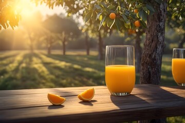 Glass of orange juice and orange trees